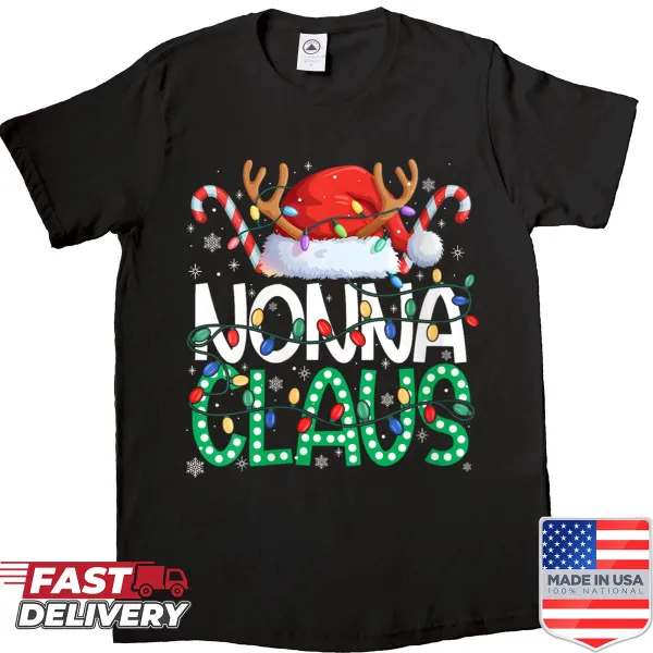 Christmas-themed shirt featuring Nonna Claus and Christmas lights.