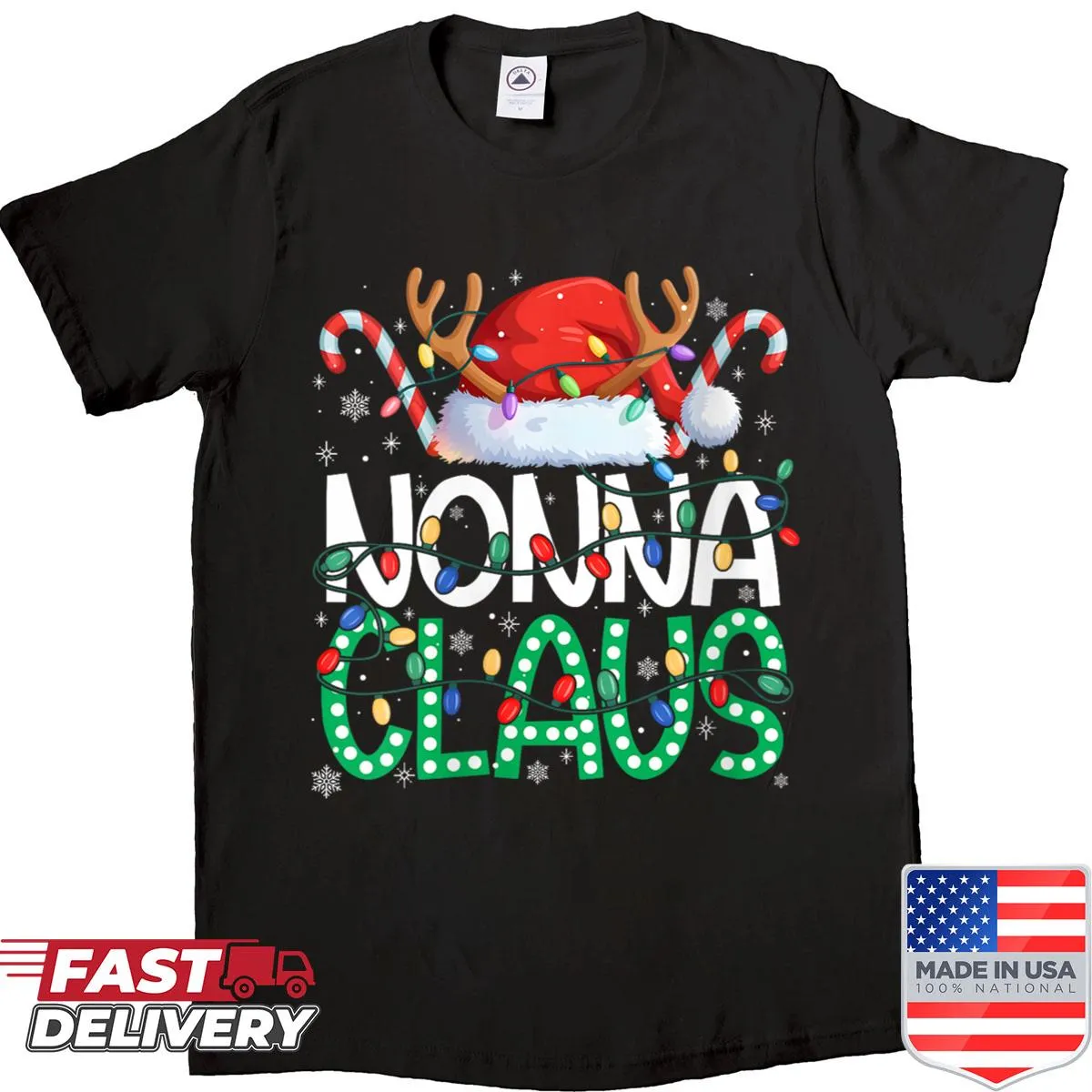 Christmas-themed shirt featuring Nonna Claus and Christmas lights.