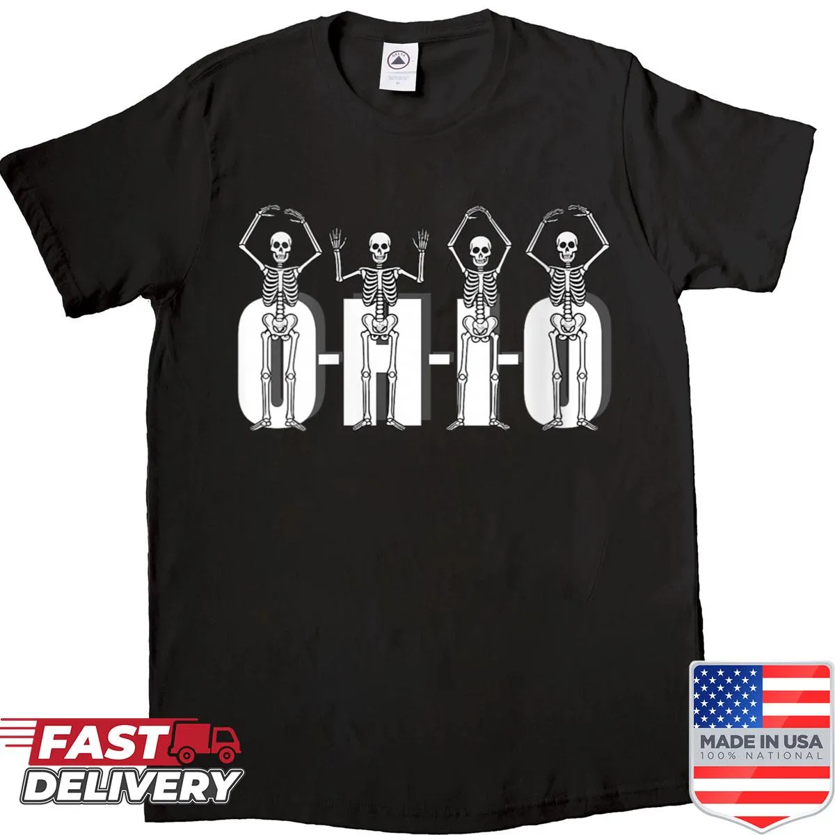Vintage-style shirt featuring skeletons spelling O-h-i-o for Halloween