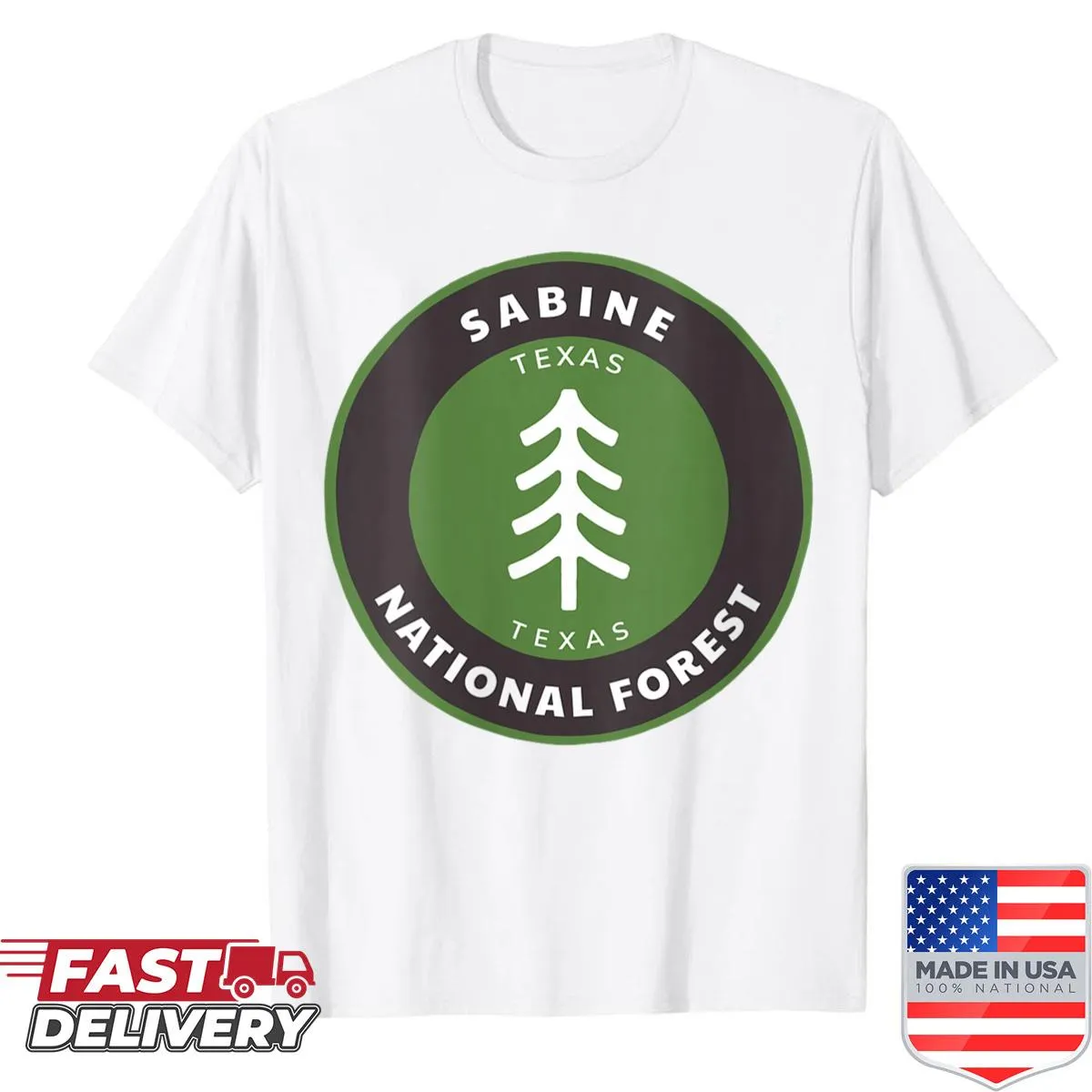 Camping shirt with Sabine National Forest tree badge graphic