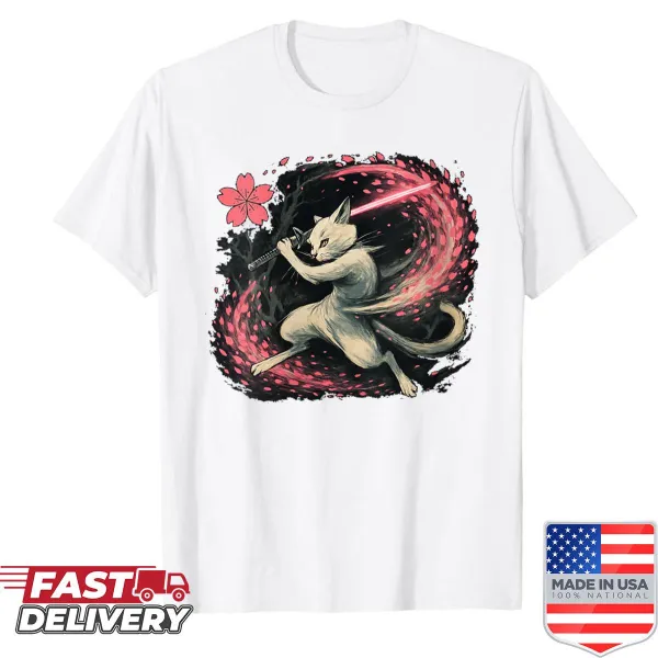 Cartoon shirt featuring a cat samurai among sakura blossoms