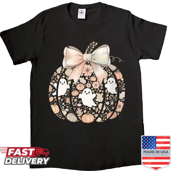 Cute Halloween shirt with pumpkin, ghosts, and floral design