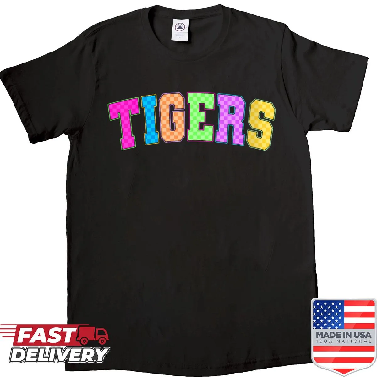 Bold lettering shirt celebrating tigers in a playful style