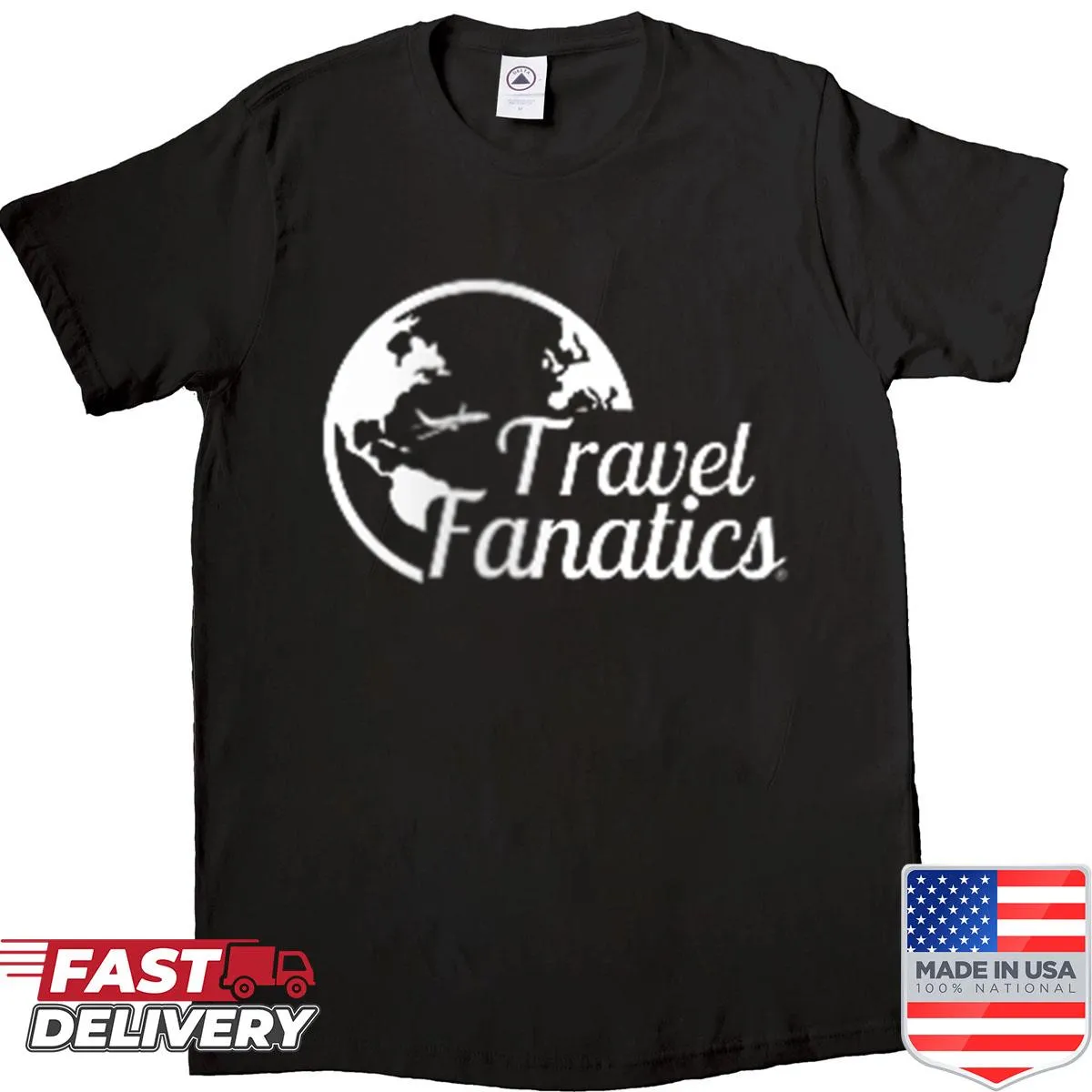 Wanderlust-themed T-shirt with travel logo illustration