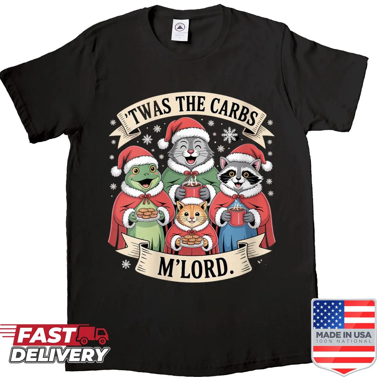 Funny Christmas shirt with animals and 'Twas The Carbs' text