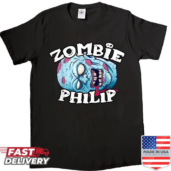 Halloween shirt featuring a humorous zombie named Philip illustration