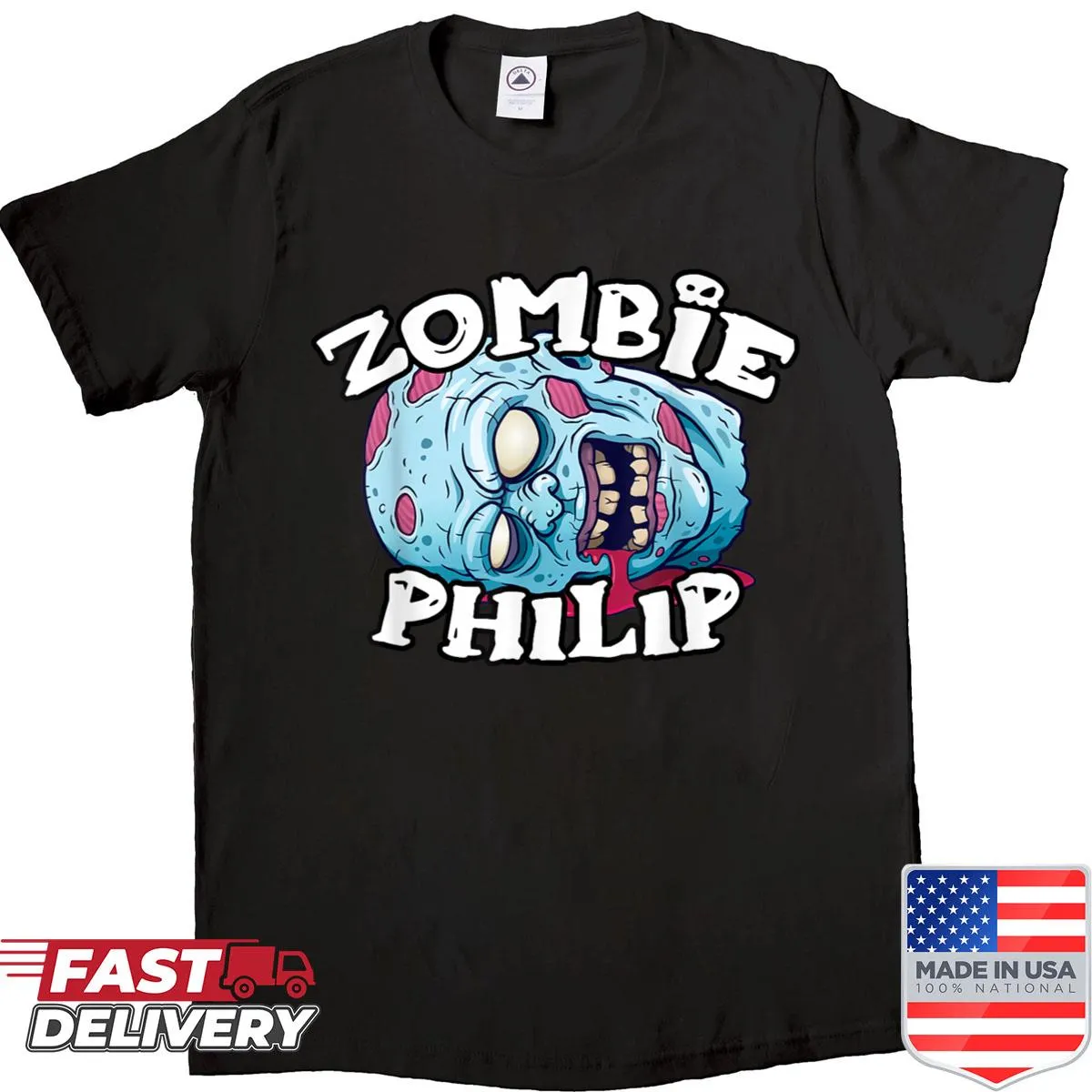Halloween shirt featuring a humorous zombie named Philip illustration