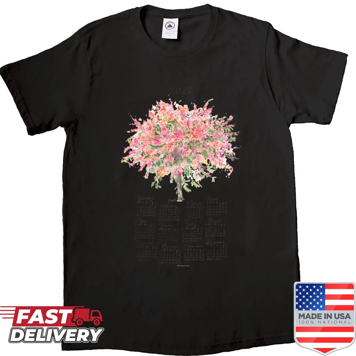 Shirt with illustration of a rainbow shower tree and 2026 calendar
