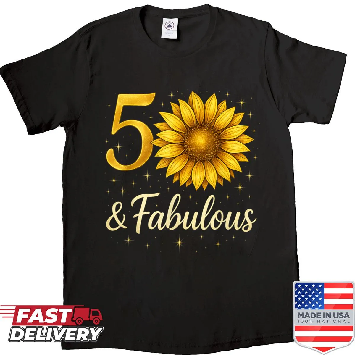 Funny birthday shirt with sunflower graphic and playful text celebrating 50th