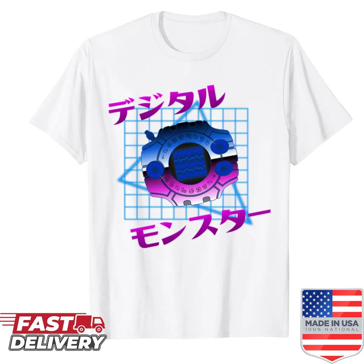 Illustration of an 80s Digivice on a casual t-shirt