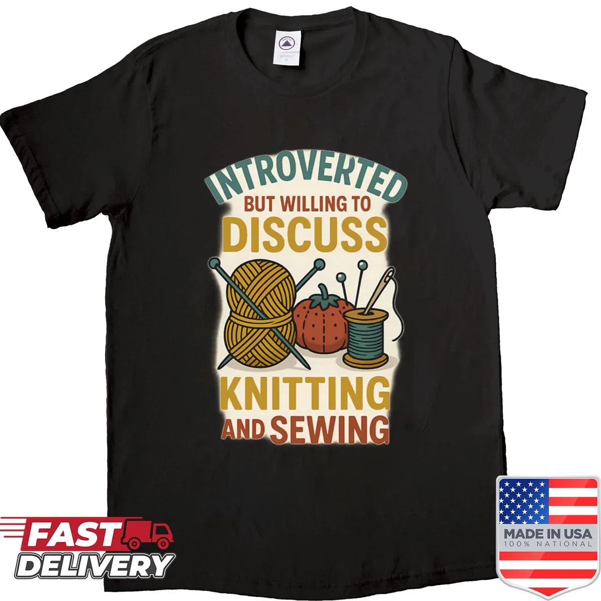 Cute illustration of knitting and sewing tools on a crafting shirt.