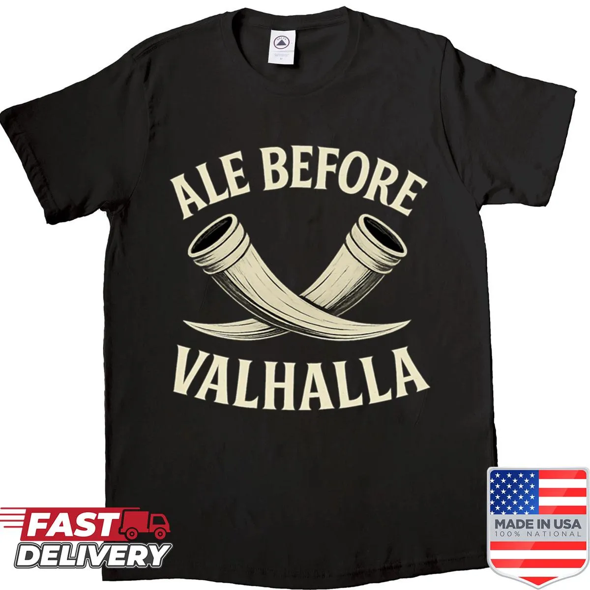 Shirt with Viking-themed illustration of drinking horns and text