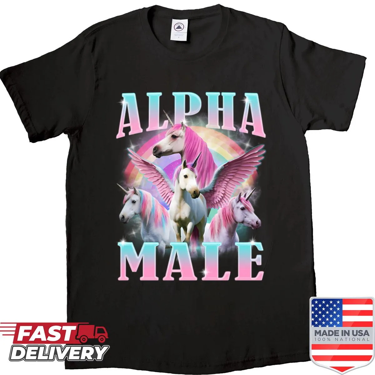 Funny shirt with illustration of an alpha male unicorn