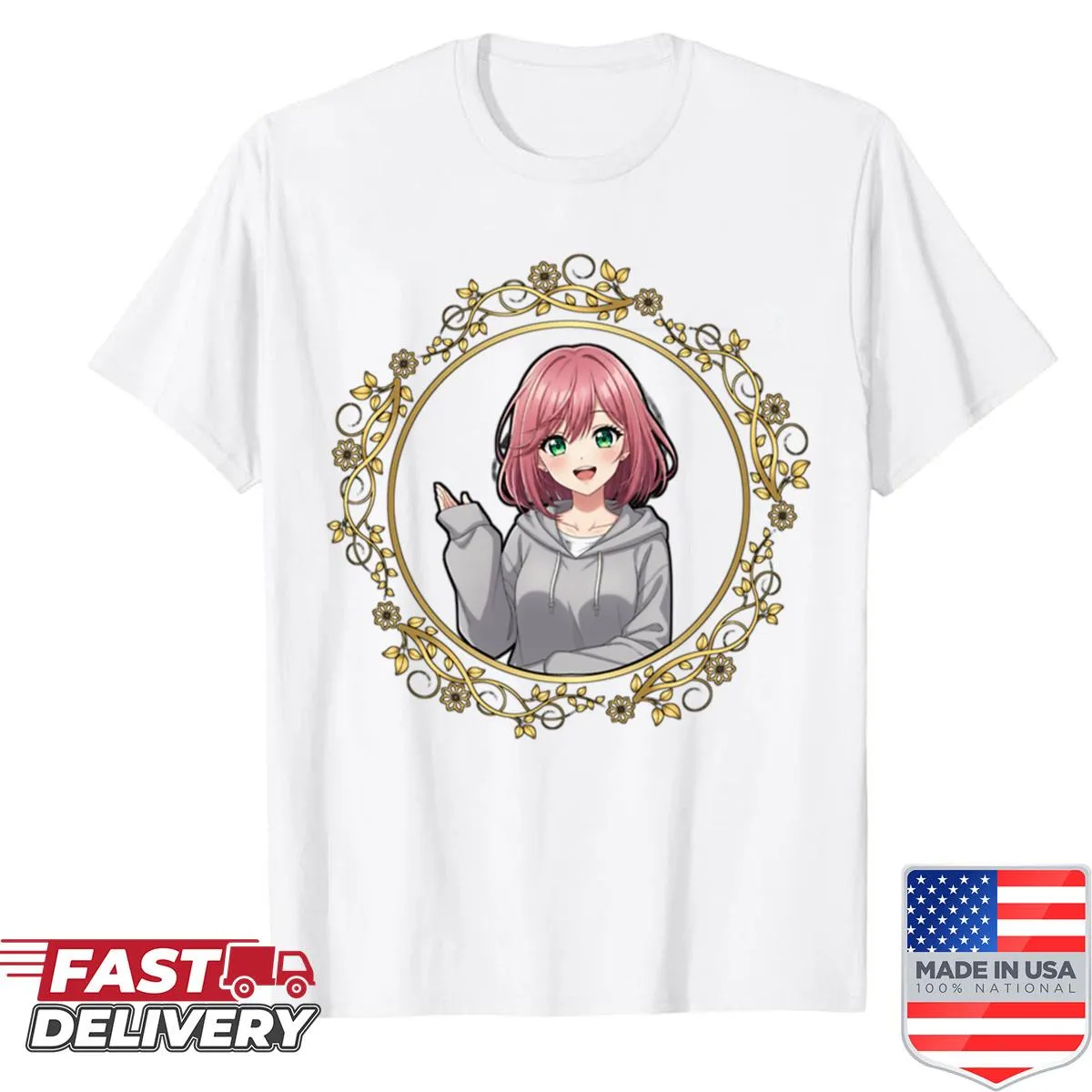 Cute anime girl design with floral frame on a shirt
