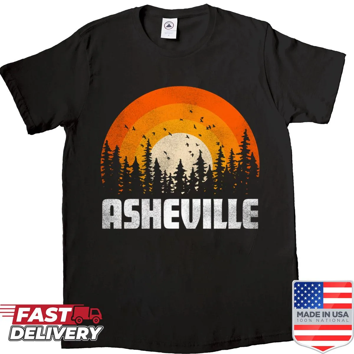 Vintage-style graphic shirt celebrating Asheville from the 70s and 80s.