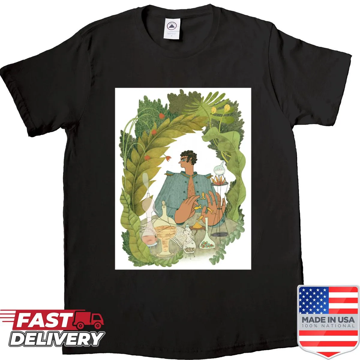 Artistic representation of Aureliano in a jungle laboratory on a shirt