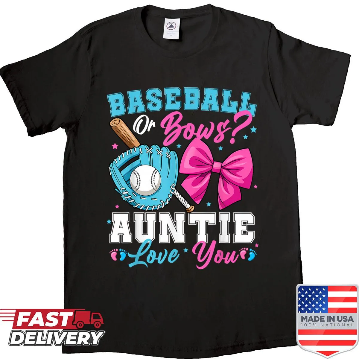 Typography shirt humorously debating baseball or bows for a gender reveal.