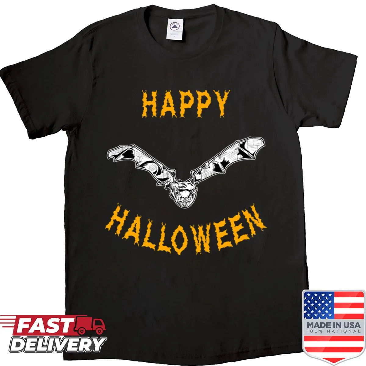 Cartoon bat graphic on a Halloween shirt