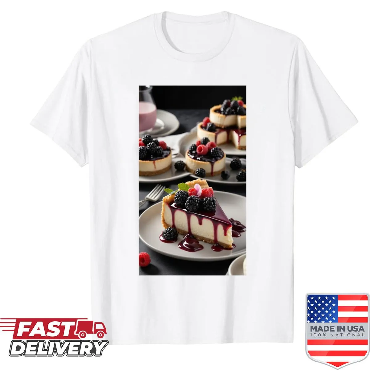 Illustration of a berry cheesecake with mint garnish on a t-shirt.