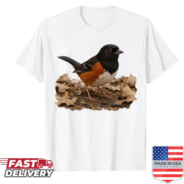 Illustrated shirt featuring a Spotted Towhee bird