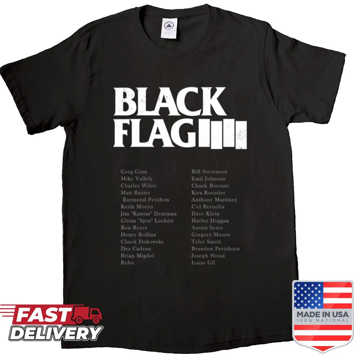 Iconic Black Flag logo graphic on a shirt