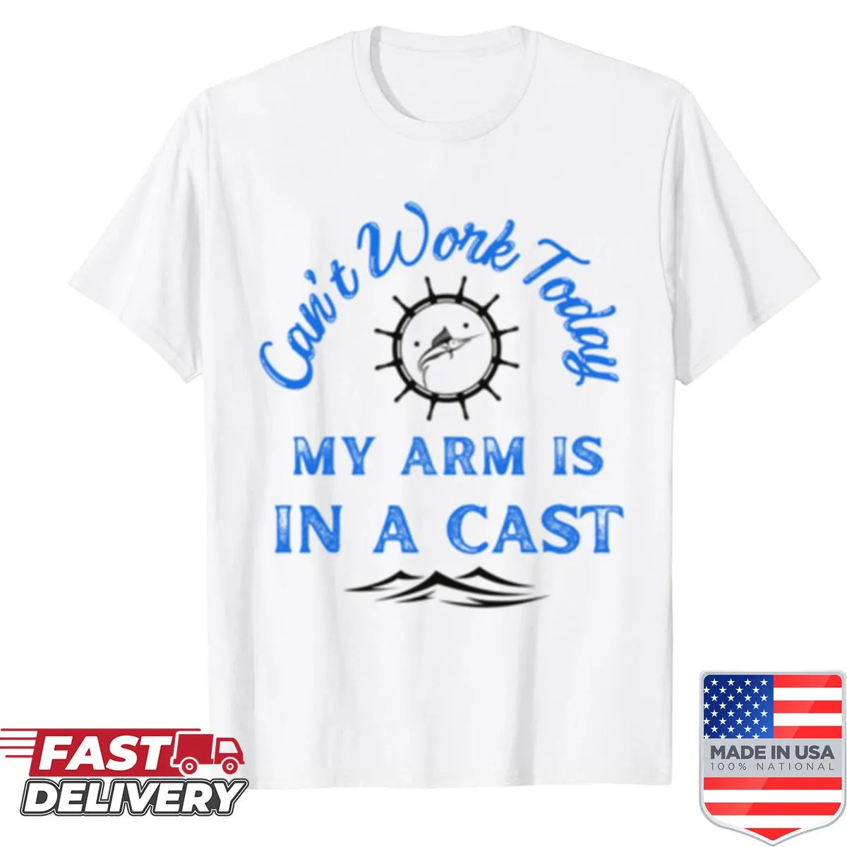Playful fishing lifestyle shirt with blue and black elements