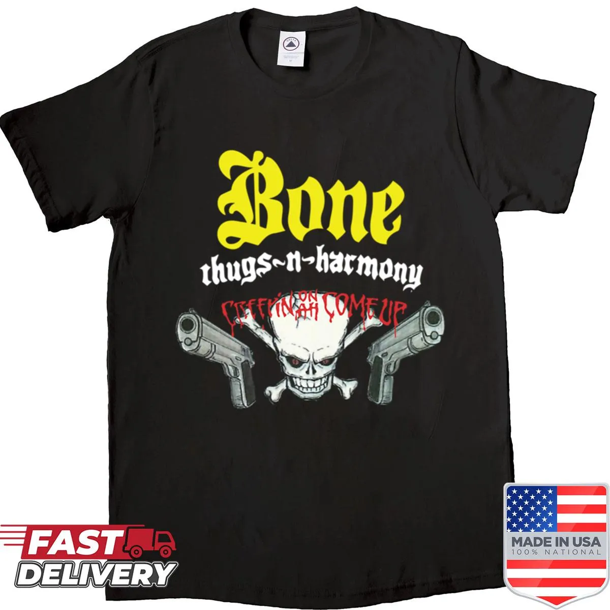 Edgy graphic shirt featuring a skull and guns design.
