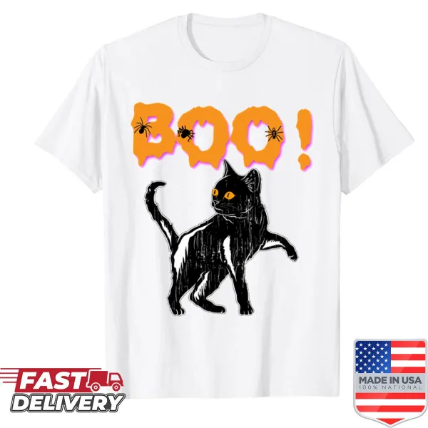 Vintage style Halloween shirt featuring a black cat and 'Boo' text