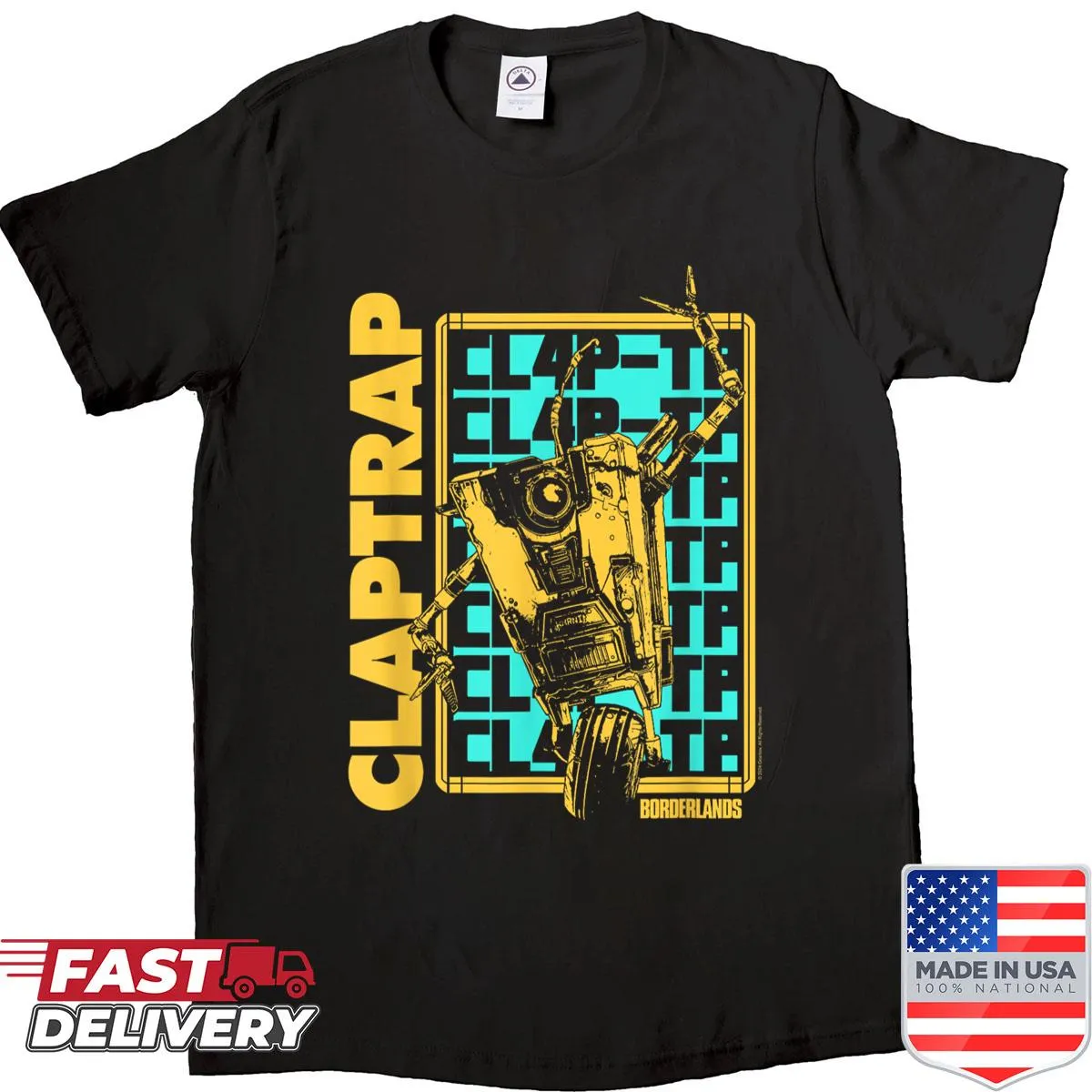 Borderlands Claptrap shirt with repeating text design
