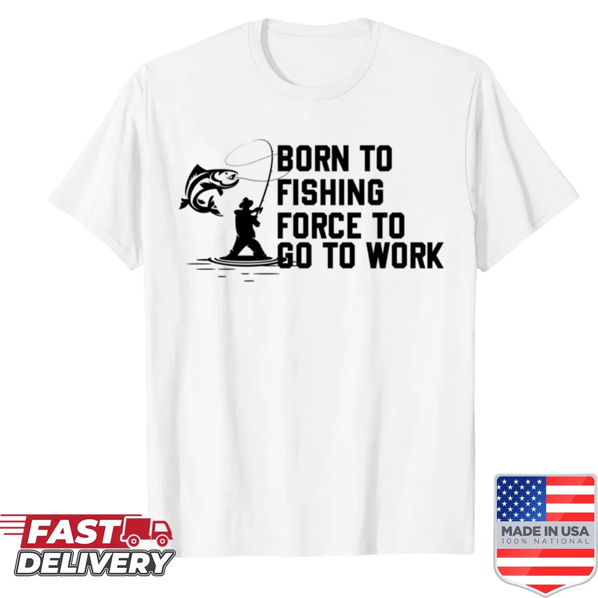 Illustration of fishing-themed text on a casual t-shirt