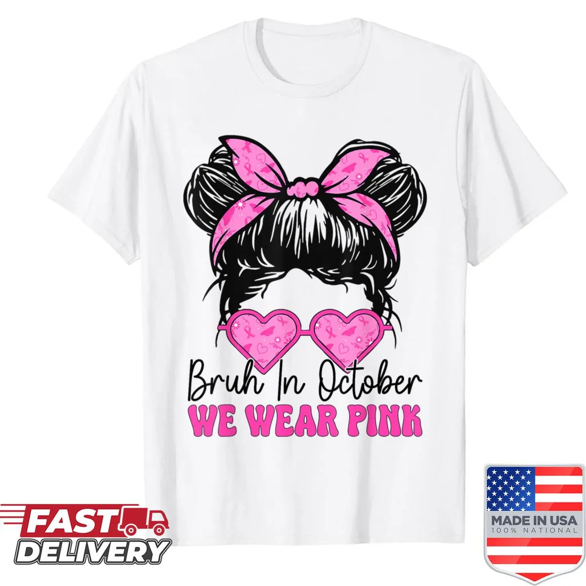 Breast cancer awareness shirt with messy bun design