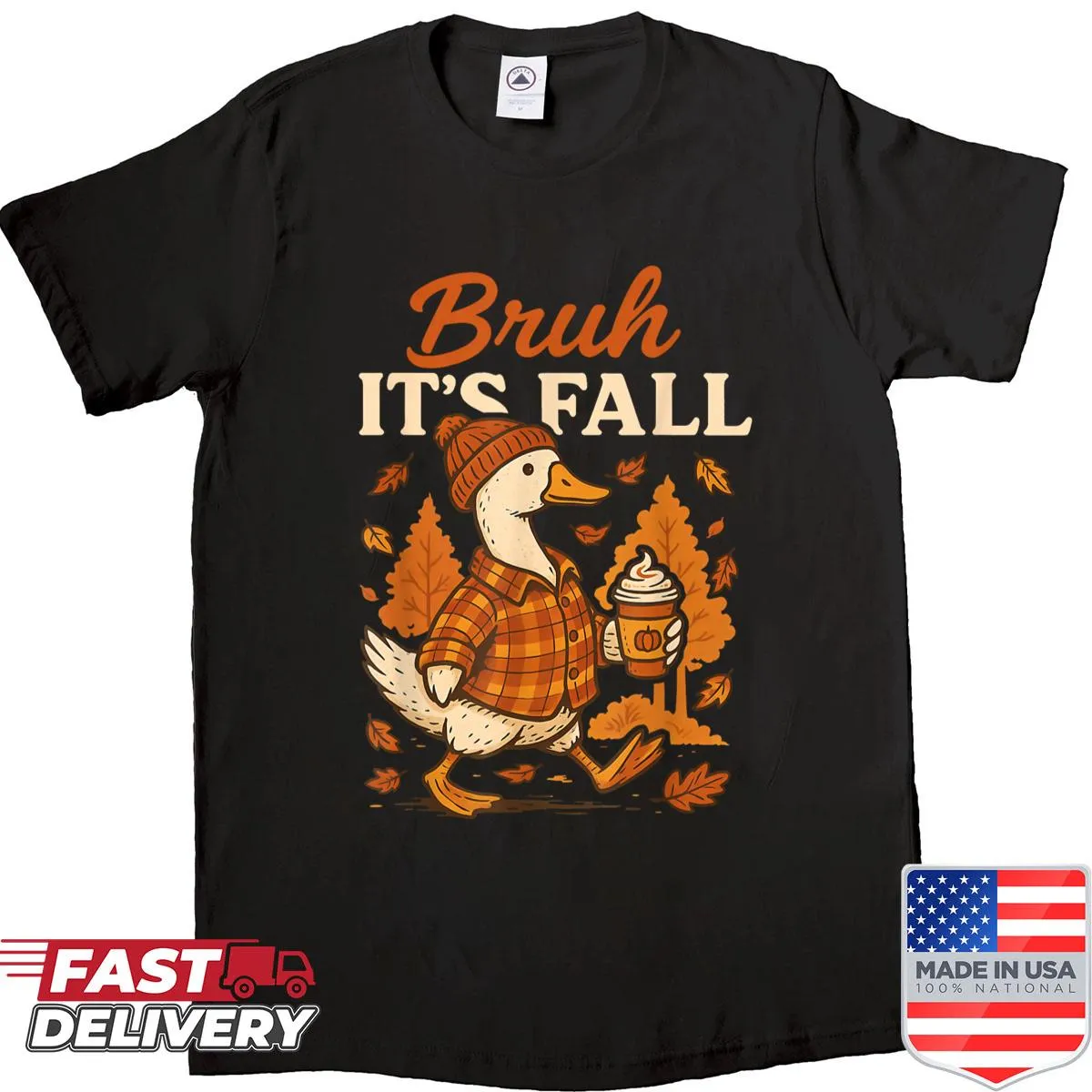 Funny autumn-themed shirt with a goose and pumpkin spice graphics