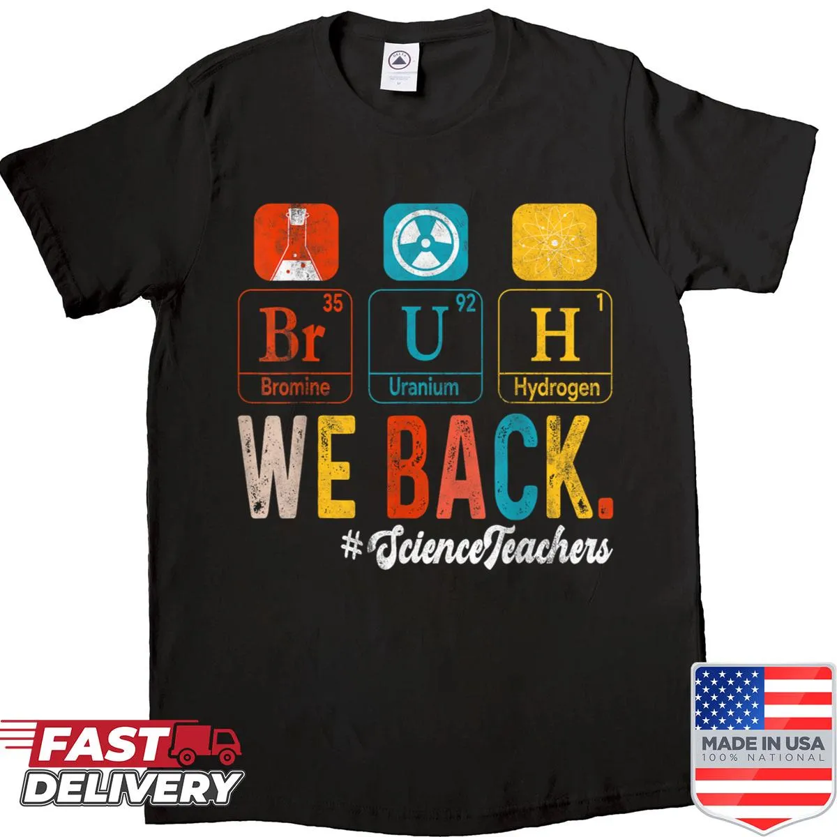 Back-to-school shirt for science teachers with periodic table elements.