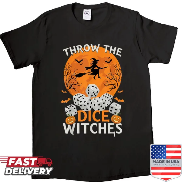 Bunco themed Halloween shirt for women with witches and dice design