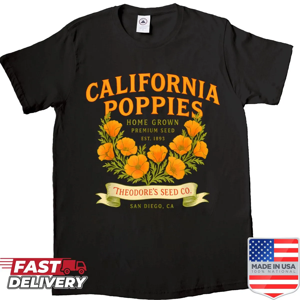 Vintage-style T-shirt with California poppies graphic
