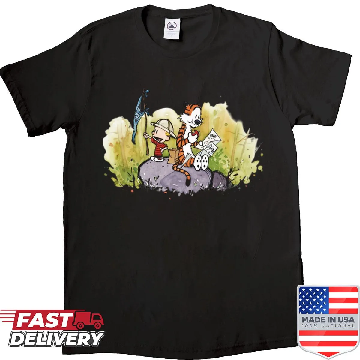 Shirt featuring a humorous moment from Calvin and Hobbes.