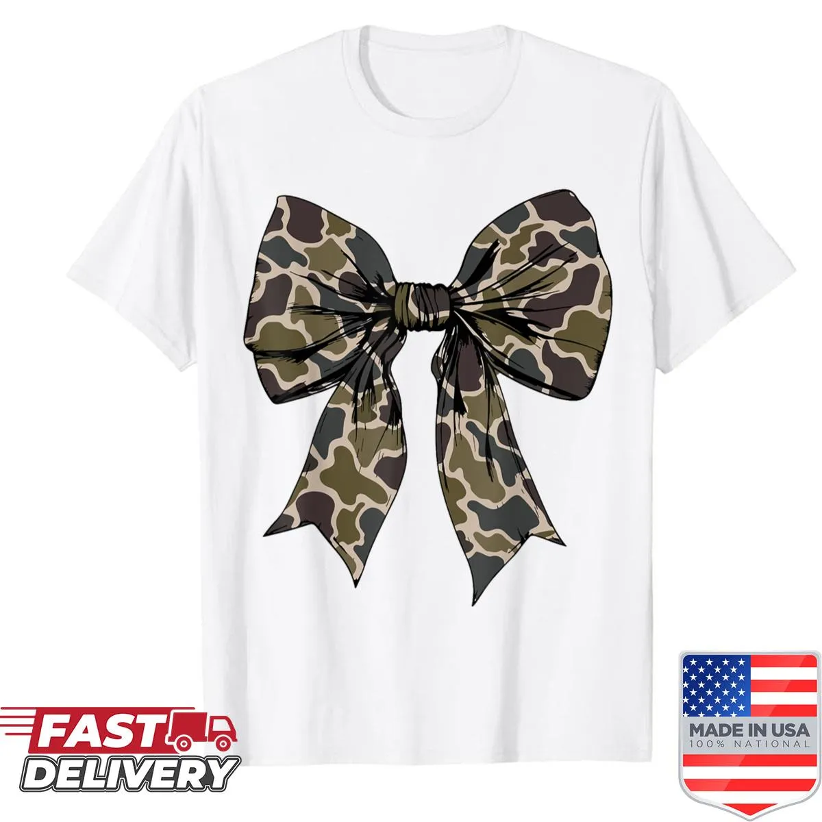 Vintage camo shirt with bow design for women who love hunting.