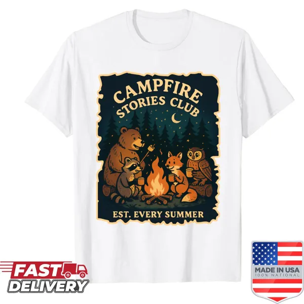 Illustration of a campfire with trees and stars on a shirt