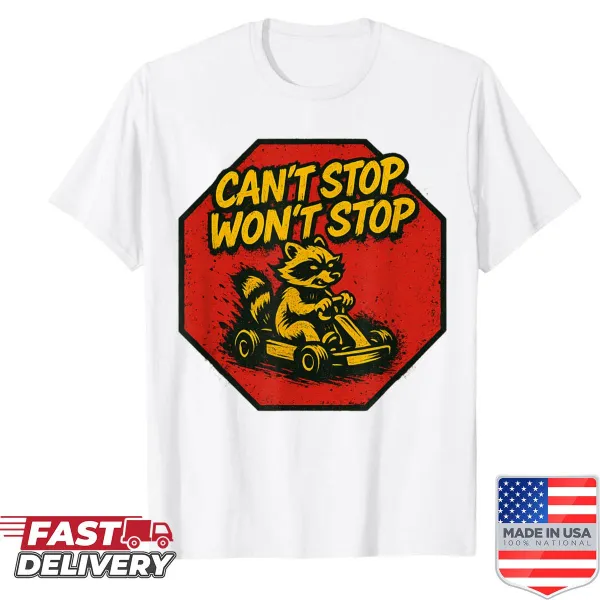 Cartoon raccoon shirt with humorous slogan and playful design
