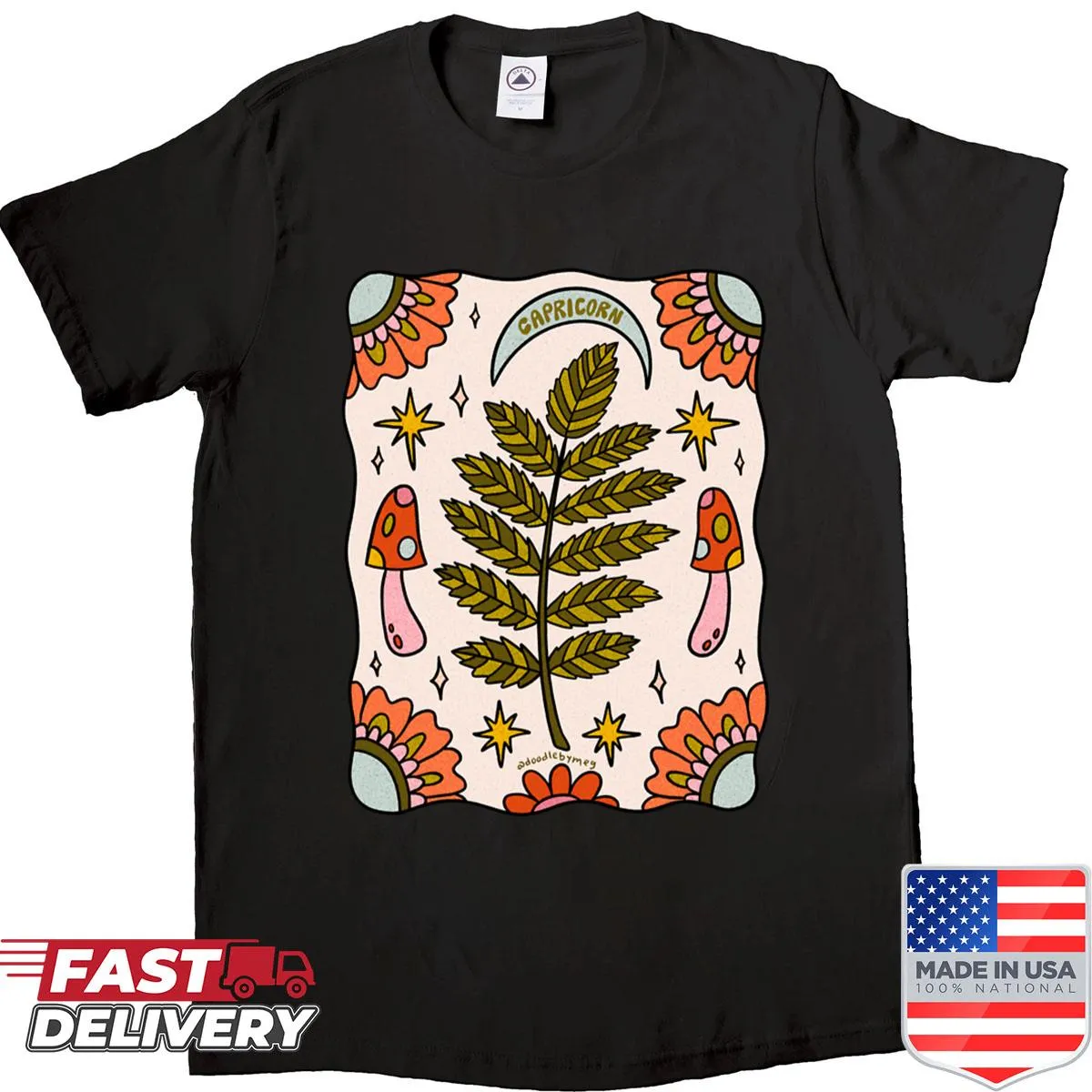 Minimalist Capricorn design with leaves on a shirt