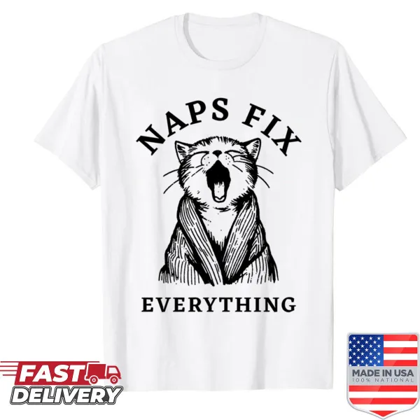 Typography design featuring the phrase 'Cat Naps Fix Everything' on a shirt