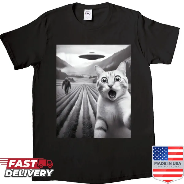 Funny cat selfie with UFO and Bigfoot graphic t-shirt