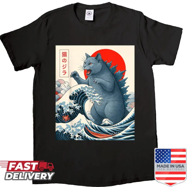 Funny cat design featuring Catzilla in Japanese art
