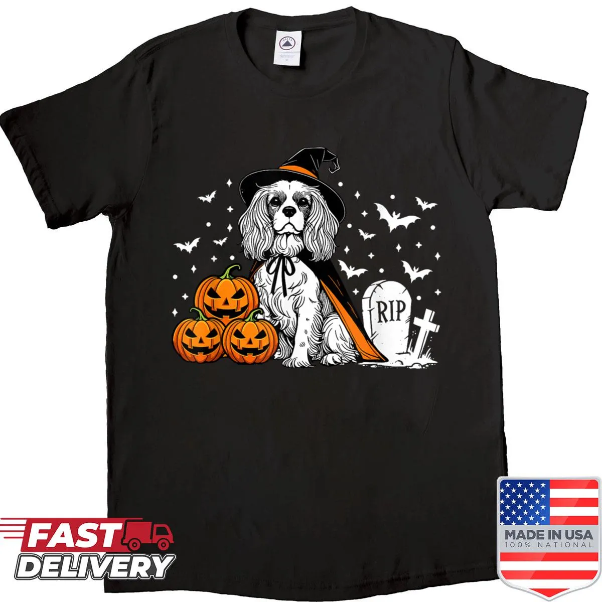Cute Halloween shirt featuring a Cavalier King Charles Spaniel in witch attire