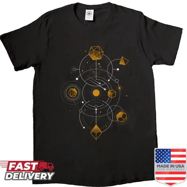 Celestial-themed shirt featuring whimsical dice graphics.