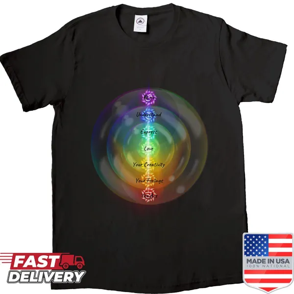 Illustration of the seven chakras with symbolic colors on a shirt.