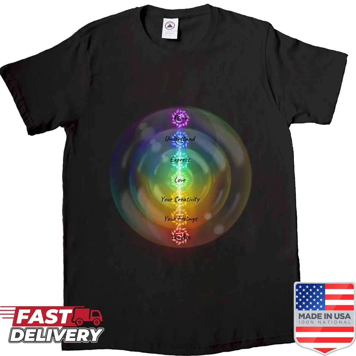 Illustration of the seven chakras with symbolic colors on a shirt.