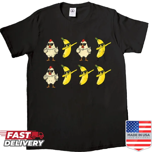 Funny T-shirt with a dancing chicken and banana dab graphic