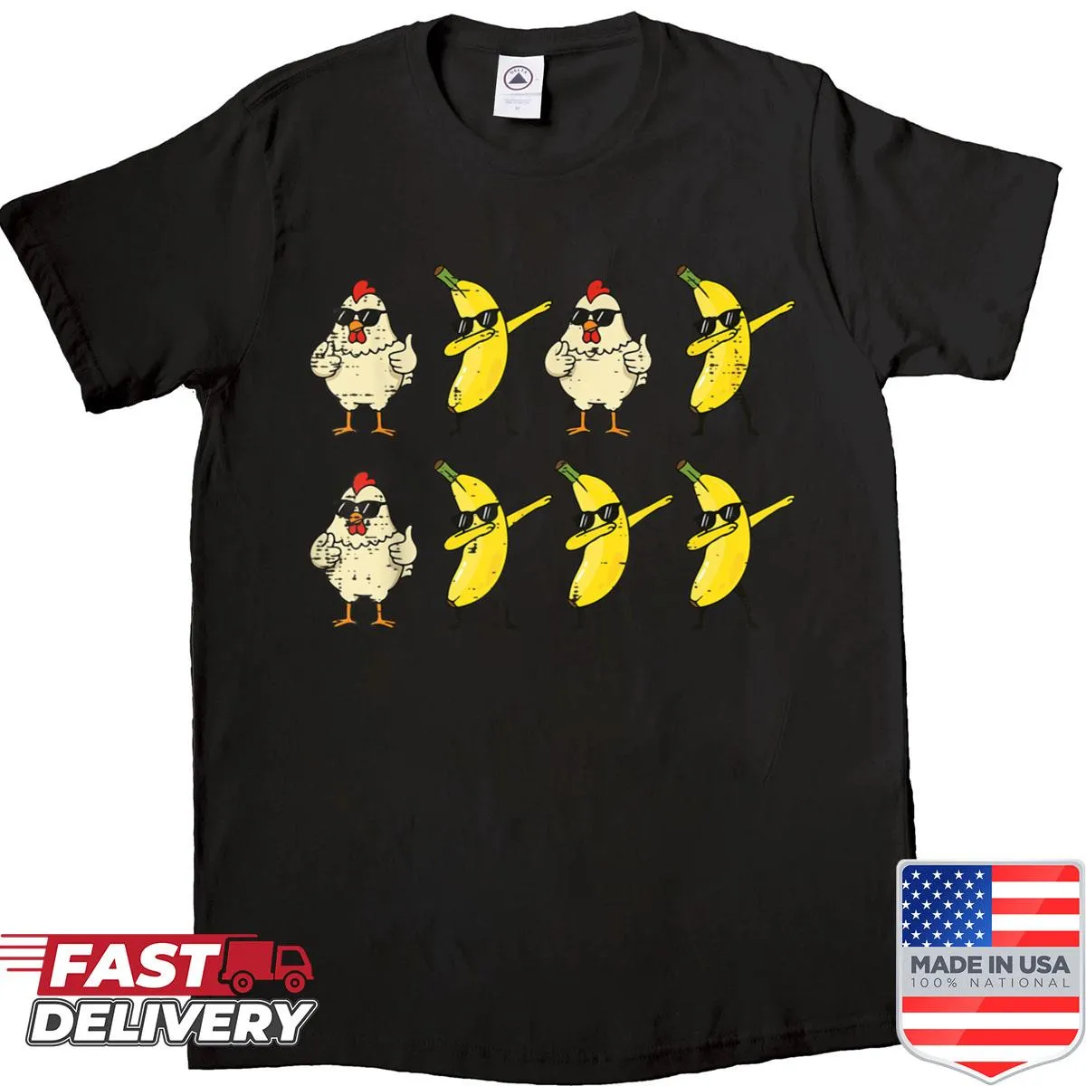 Funny T-shirt with a dancing chicken and banana dab graphic