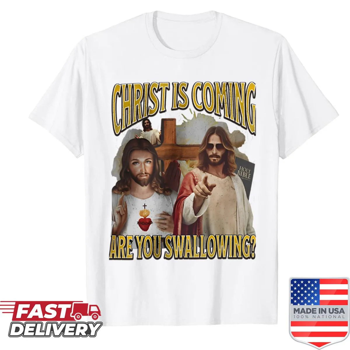 Funny Jesus shirt with text referencing faith and humor